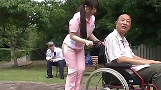 Subtitled bizarre Japanese half naked caregiver outdoors